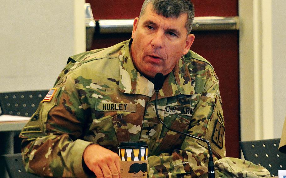 Maj. Gen. Paul C. Hurley Jr., CASCOM and Fort Lee commanding general, gives opening remarks during the Fort Lee Sexual Harassment/Assault Response and Prevention Summit on Sept. 28, 2017.