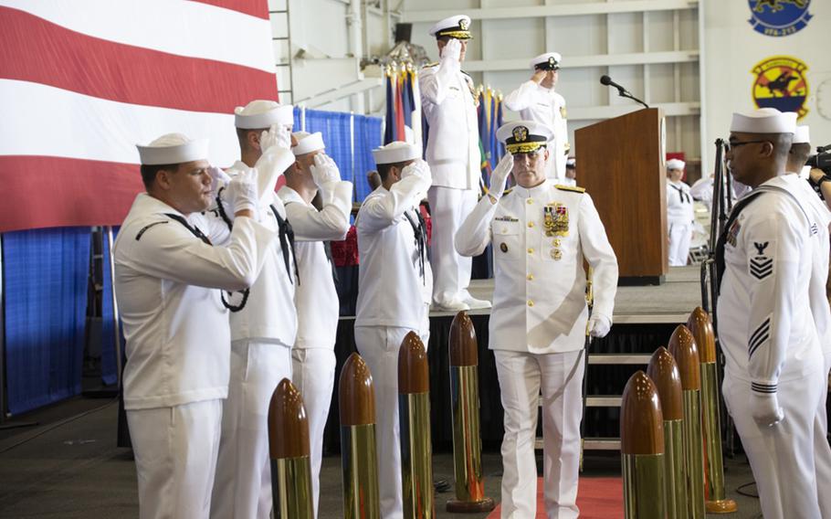 Commander, U.S. Fleet Forces Adm. Chris Grady departs through the sideboys following the 2nd Fleet Establishment Ceremony aboard the nuclear aircraft carrier USS George H.W. Bush. U.S. 2nd Fleet will exercise operational and administrative authorities over assigned ships, aircraft and landing forces on the East Coast and North Atlantic. 