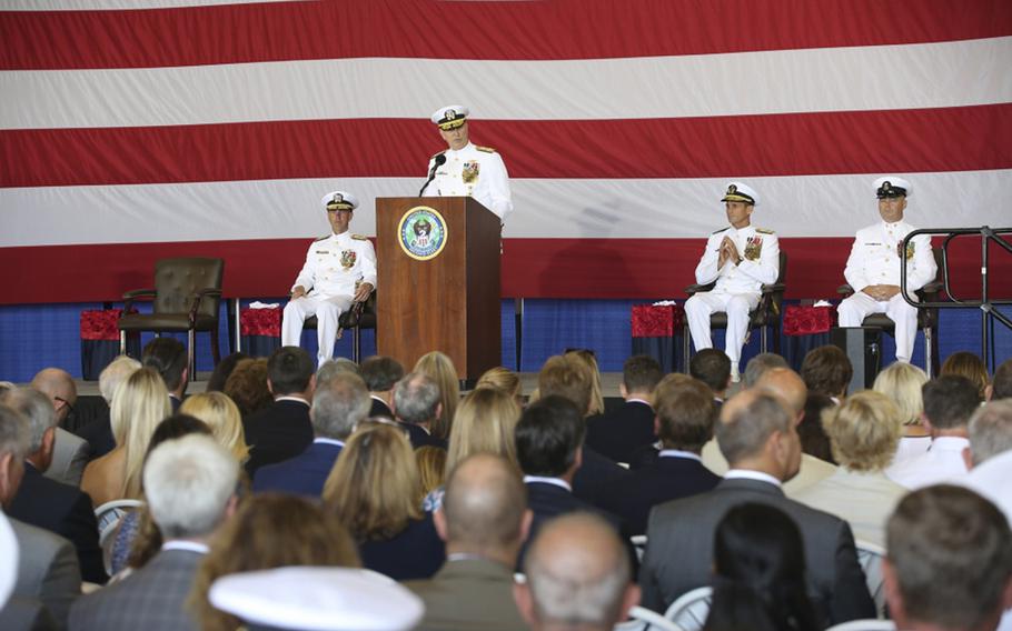 Commander, U.S. Fleet Forces Adm. Chris Grady addresses guest during the 2nd Fleet Establishment Ceremony aboard the nuclear aircraft carrier USS George H.W. Bush. U.S. 2nd Fleet will exercise operational and administrative authorities over assigned ships, aircraft and landing forces on the East Coast and North Atlantic.