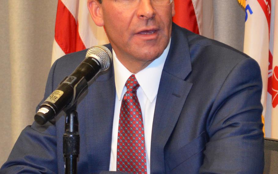 Secretary of the Army Mark Esper speaks during a press conference following the Army Futures Command activation ceremony in Austin, Texas, on Friday.