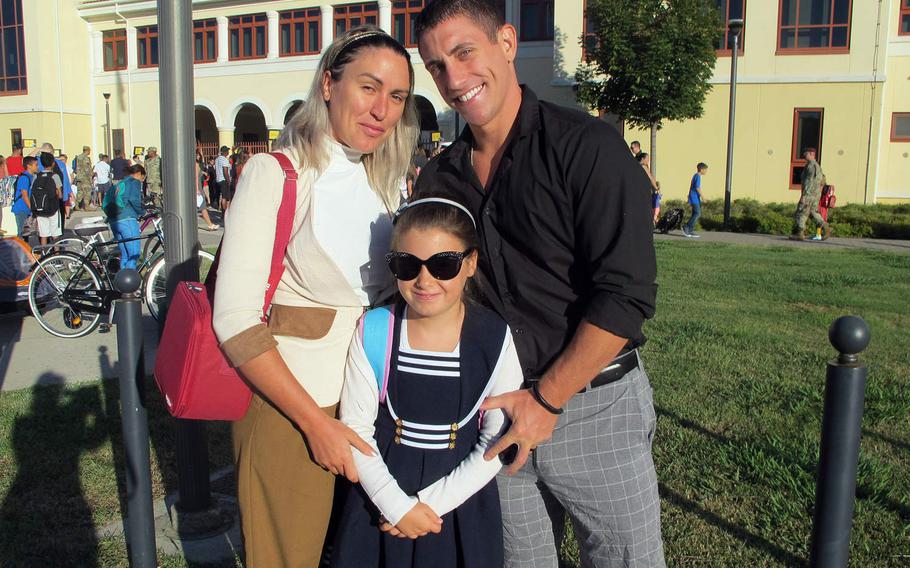 Spc. Jarred Mertz, his wife, Eleonora, and daughter, Sofia, were stylish on the first day of school - and the first day of American school for Sofia. Sofia, 7, was previously a student in Italian school, but her parents wanted to prepare her for an eventual move to the U.S.