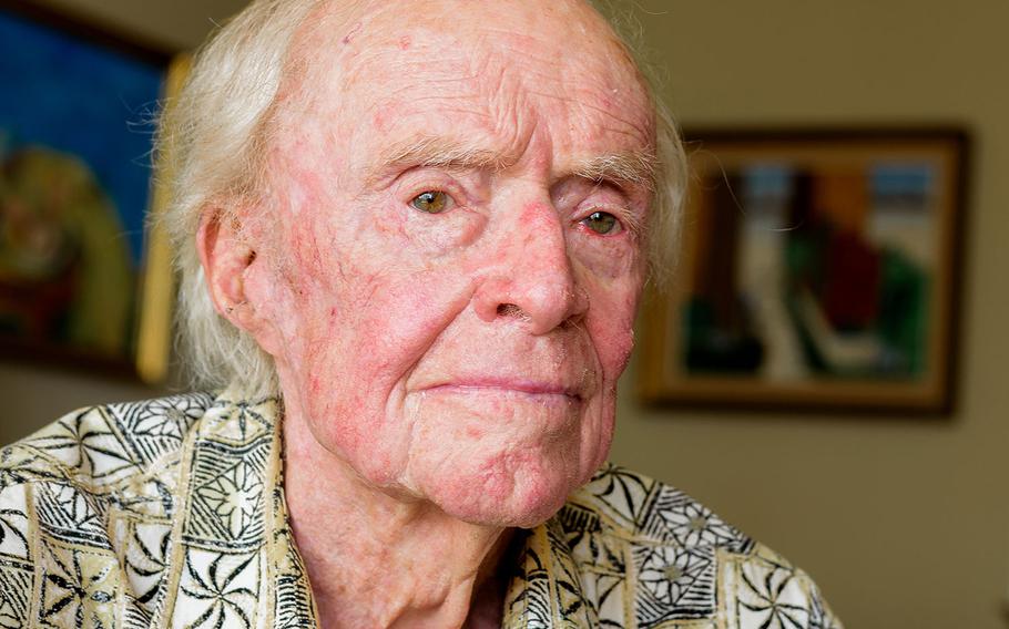 Sam Folsom, 98, a Marine Corps veteran who flew fighters in World War II and in the Korean War, poses for a portrait in his home in Santa Monica, Calif. Aug. 13, 2018. He was credited with shooting down three Japanese aircraft during the Battle of Guadalcanal in 1942 