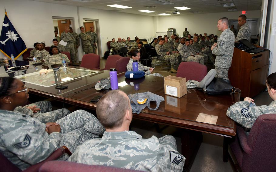 Airmen from the South Carolina Air National Guard and 169th Fighter Wing prepare to deploy from McEntire Joint National Guard Base to Bluffton, S.C., to support partnered civilian agencies and safeguard the citizens of the state in advance of Hurricane Florence, September 10, 2018.