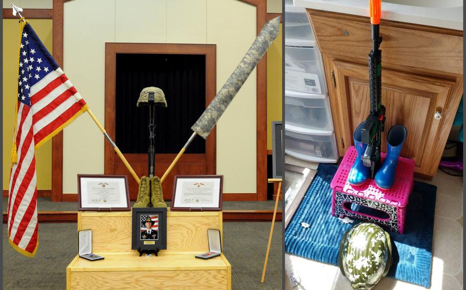 Left: A display for Sgt. Douglas Rainey, who died near Kabul, Afghanistan after an attack on Wednesday, Oct. 19, 2016, is pictured during his 2016 memorial.
Right: A family photo shows a battlefield cross 4-year-old James Riney made in his bathroom to honor his late father.