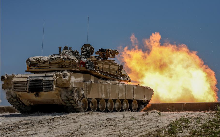 An M1 Abrams fires during a screening test at Fort Hood, Texas, on June 6, 2018.