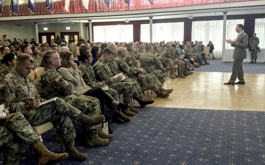 Mark T. Esper, Secretary of the Army, speaks to soldiers during a town hall meeting in Kaiserslautern, Germany, Monday, Sept. 24, 2018. During his visit, Esper observed training and got feedback from soldiers, civilians, families and retirees.