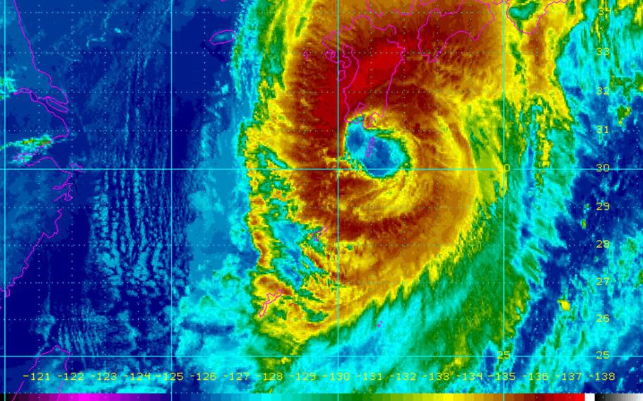 Trami is forecast to pass 176 miles southeast of Sasebo at 10 a.m. Sunday and 125 miles southeast of Marine Corps Air Station Iwakuni five hours later; MCAS Iwakuni remains in TCCOR Storm Watch.