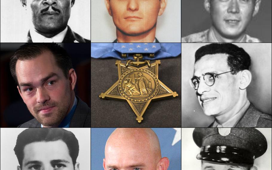 Stories featured in the Netflix "Medal of Honor" series focus on (clockwise from top left): Edward Carter, Richard L. Etchberger, Hiroshi “Hershey” Miyamura, Vito Bertoldo, Sylvester Antolak, Ty M. Carter, Joseph Vittori and Clint Romesha.