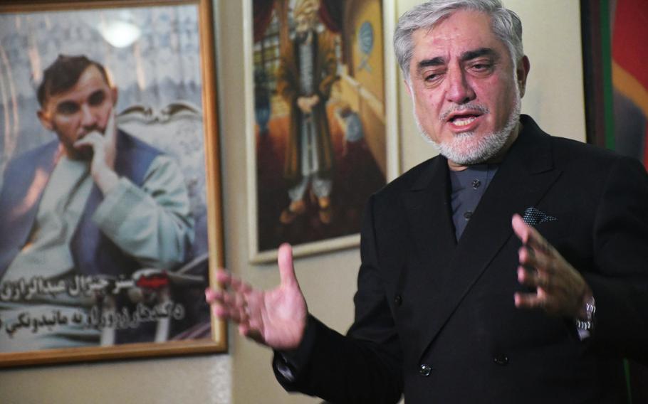 Afghanistan Chief Executive Abdullah Abdullah speaks at a memorial service for slain Kandahar police chief Gen. Abdul Raziq on Thursday, Oct. 25, 2018. 
                