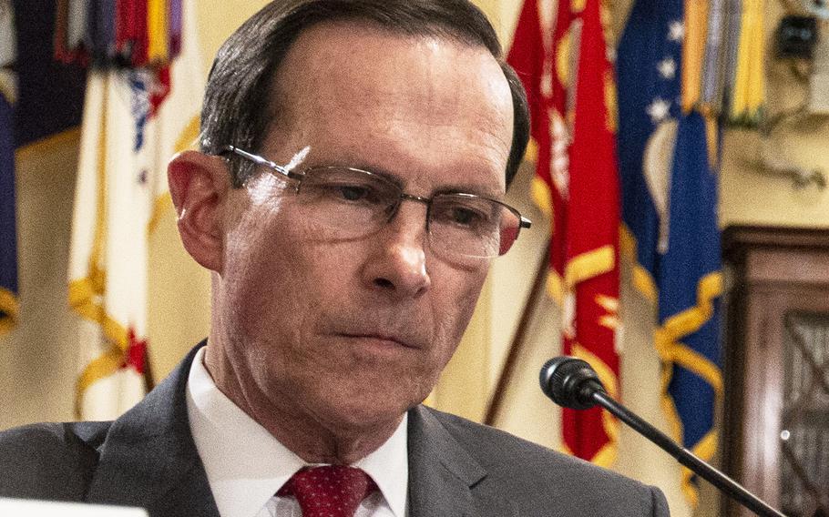 Retired Air Force Maj. Gen. Robert M. Worley II, director of education service for the Veterans Benefit Administration, listens during a House Veterans' Affairs subcommittee hearing on Capitol Hill, Nov. 15, 2018.