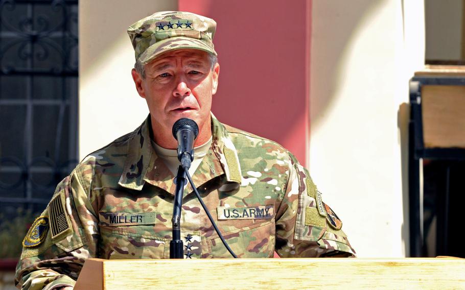 U.S. Army Gen. Scott Miller takes command during the Resolute Support mission change of command ceremony in Kabul, Afghanistan, September 2, 2018. Miller was meeting with high-level officials to discuss the security situation in central Ghazni province today when two missiles were fired on the city, police said. Miller was not injured.