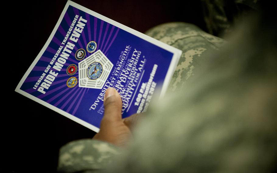 Lesbian, Gay, Bisexual and Transgender Pride Month is celebrated during an event at the Pentagon on June 26, 2012. Department of Defense officials said on Wednesday, Jan. 23, 2019, that the Pentagon would not immediately implement a ban on transgender personnel serving in the military following a Supreme Court decision Tuesday that removed preliminary injunctions that had halted the ban for more than a year.