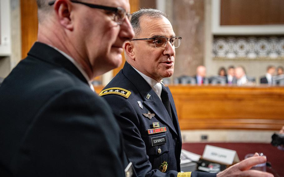 Commander of the U.S. European Command Gen. Curtis Scaparrotti confers with aides on Tuesday, March 5, 2019, prior to the start of a Senate Armed Services Committee hearing on Capitol Hill in Washington. In response to questioning, Scaparrotti told committee members that he was not "comfortable yet with the deterrent posture" that the Unites States and its allies have in Europe.
