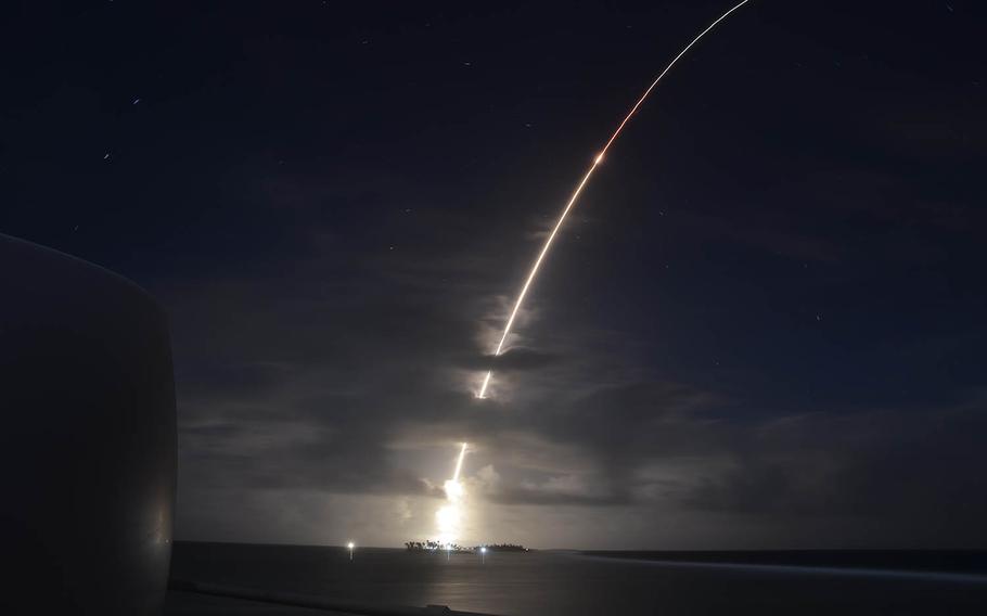 An ICBM target launches from Kwajalein Atoll in the Marshall Islands, Monday, March 25, 2019.