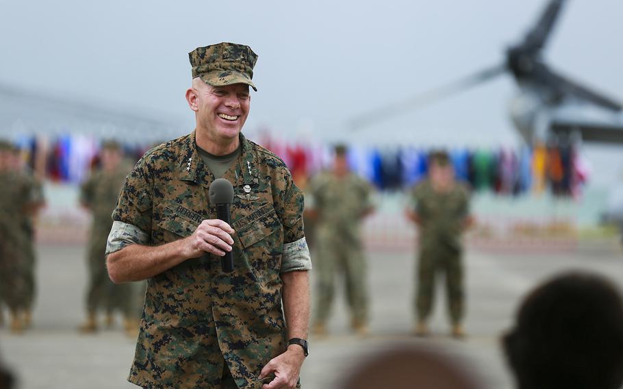 Lt. Gen. David H. Berger speaks during the U.S. Marine Corps Forces, Pacific change of command ceremony at Marine Corps Base Hawaii, Aug. 8, 2018. During the ceremony, Berger relinquished command to Lt. Gen. Lewis A. Craparotta. Berger has been nominated to become the next commandant of the Marine Corps.