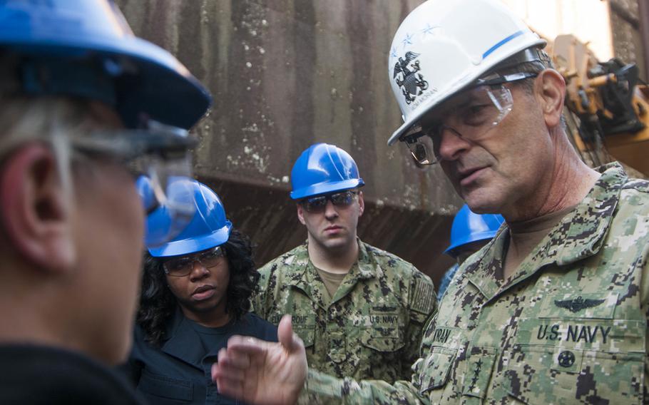 U.S. Navy Adm. Bill Moran, the vice chief of naval operations, speaks with sailors assigned to the Nimitz-class aircraft carrier USS George Washington on Jan. 10, 2018. 