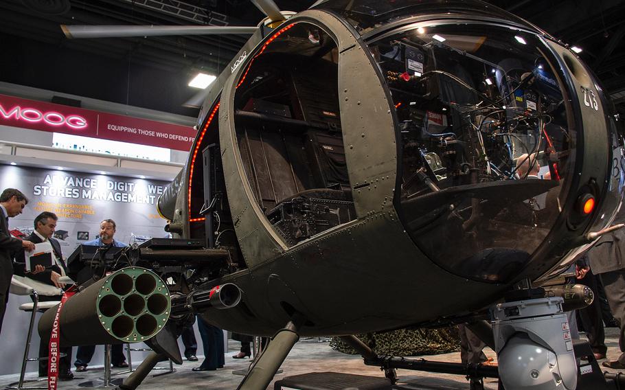 An H-6 Little Bird helicopter with a sophisticated digital weapon stores management system is displayed at the annual AUSA convention in Washington, D.C., on Tuesday, Oct. 15, 2019.