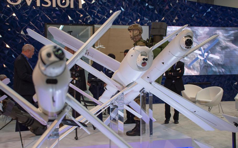 Unmanned aerial loitering munition systems produced by UVision are displayed at the annual AUSA convention in Washington, D.C., on Tuesday, Oct. 15, 2019.