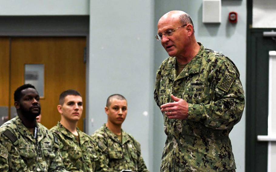 Chief of Naval Operations Adm. Michael Gilday speaks to sailors at an all hands call on Oct. 18, 2019, in Naples, Italy.