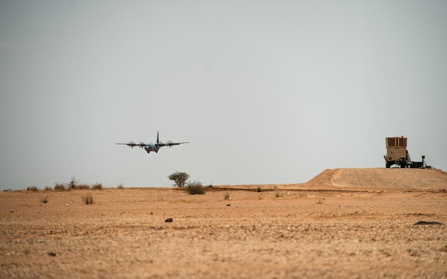 A U.S. Air Force C-130J Super Hercules assigned to the 37th Airlift Squadron at Ramstein Air Base, Germany, lands at Nigerien Air Base 201, Agadez, Niger, in August 2019. The U.S. Air Force began drone operations out of the base, to gather intelligence on Islamic militants in the region, U.S. Africa Command said Friday, Nov. 1, 2019.