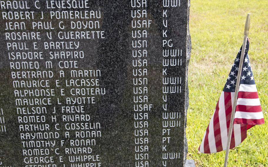 One of the stones listing local veterans at the Veterans Memorial Park in Lewiston, Maine, in August, 2019.