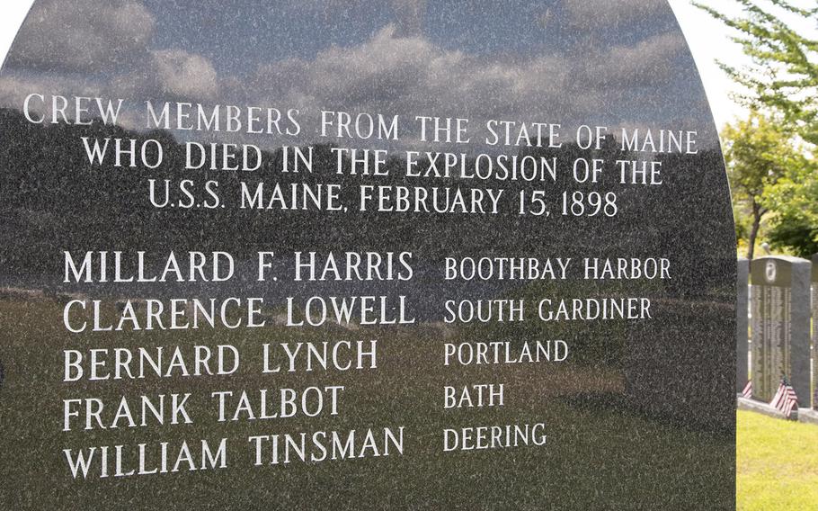 The back of the USS Maine stone at the Veterans Memorial Park in Lewiston, Maine, lists Mainers who died in the sinking that sparked the Spanish-American War.