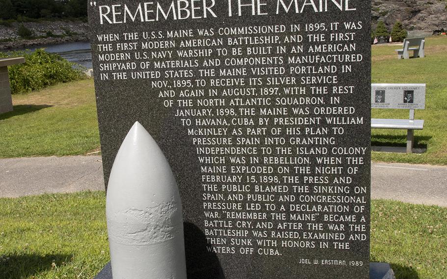 A memorial to the USS Maine at Veterans Memorial Park in Lewiston, Maine, features a 498-lb. projectile for the ship's 10-inch guns that was recovered from Havana Harbor 14 years after the ship's sinking and presented to the city in 1912.