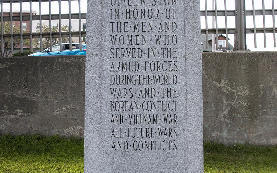 A monument at the Veterans Memorial Park in Lewiston, Maine, in August, 2019.