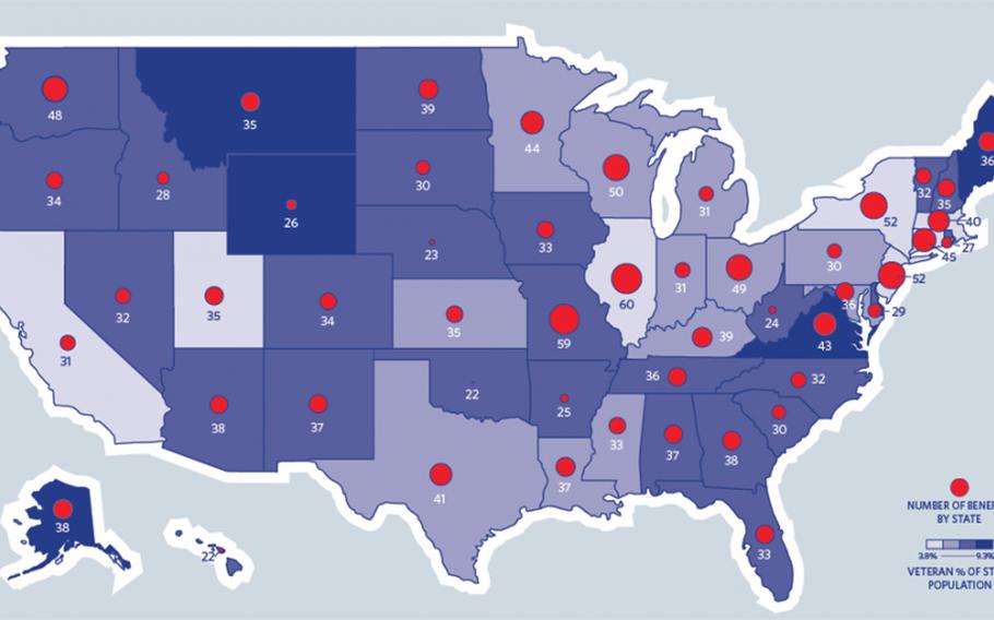 A map from the Center for a New American Security's report, “From Sea to Shining Sea: State Level Benefits for Veterans," shows the number of veteran benefits by state, ranging from a low of eight in the District of Columbia to a high of 60 in Illinois, with an average of 36 benefits offered.
