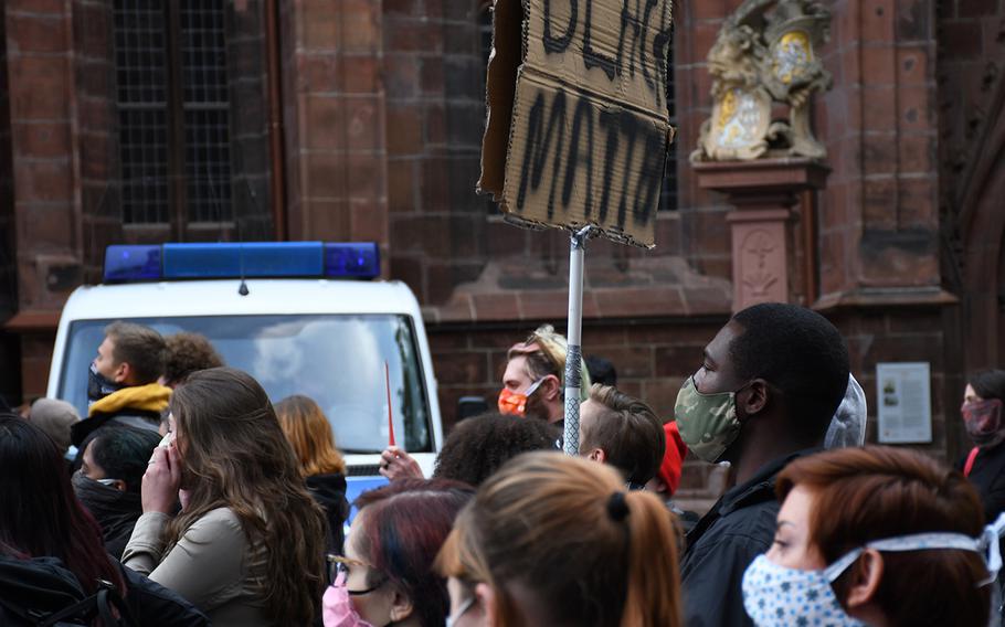 A man is pictured here holding a ''black matters'' sign during an anti-racism rally in downtown Kaiserslautern on Thursday, June 4, 2020. The event was held in response to widespread U.S. protests spurred by the death of an unarmed Minnesota black man, George Floyd, while in police custody in late May.