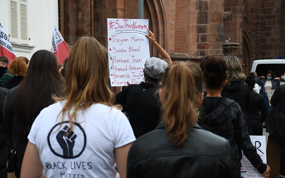 Protesters gathered in Kaiserslatuern on Thursday, June 4, 2020, to rally against racism and inequality in response to widespread demonstrations in the U.S. in the wake of the killing of an unarmed Minneapolis black man, George Floyd, in late May. Four Minneapolis police officers have been charged in connection with the death.