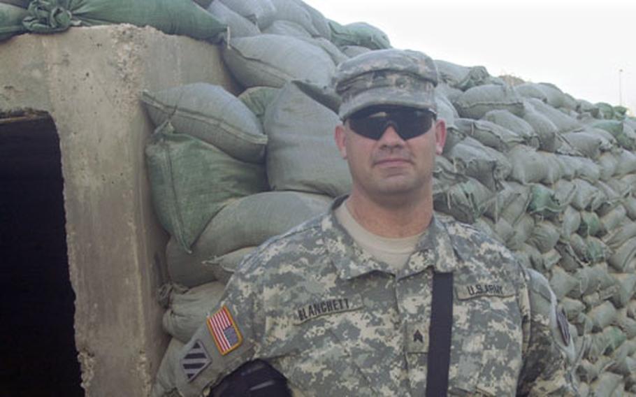 Sgt. Scott Blanchett helps run a battalion personnel section as noncommissioned officer in charge at Forward Operating Base Iskan in Iraq. Blanchett is one of several soldiers who has deployed since the Army raised its maximum enlistment age to 42.   