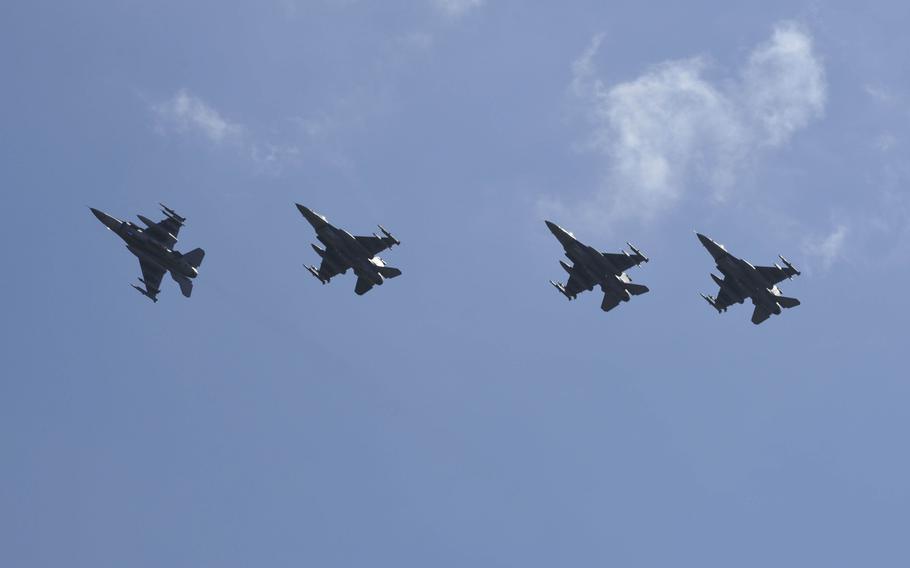 U.S. Air Force F-16 Fighting Falcons, assigned to the 480th Fighter Squadron, fly in formation over Spangdahlem Air Base, Germany, on their way to participate in a large-force exercise within the U.K.'s North Sea airspace, May 27, 2020.
                