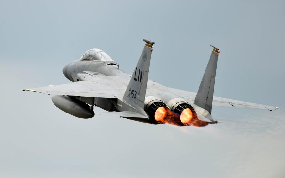 An F-15C Eagle assigned to the 493rd Fighter Squadron takes off from RAF Lakenheath, England, during a large-force exercise with other U.S. Air Forces in Europe-Air Forces Africa units, May 27, 2020.
                