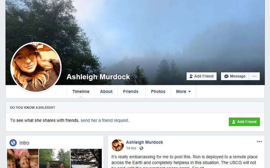 "This is really embarrassing for me to post this," Ashleigh Murdock wrote on her Facebook page as she told of how Coast Guard members, to include her deployed husband, were facing the prospect of not getting paid on Tuesday, Jan. 15, 2019, due to the government shutdown.