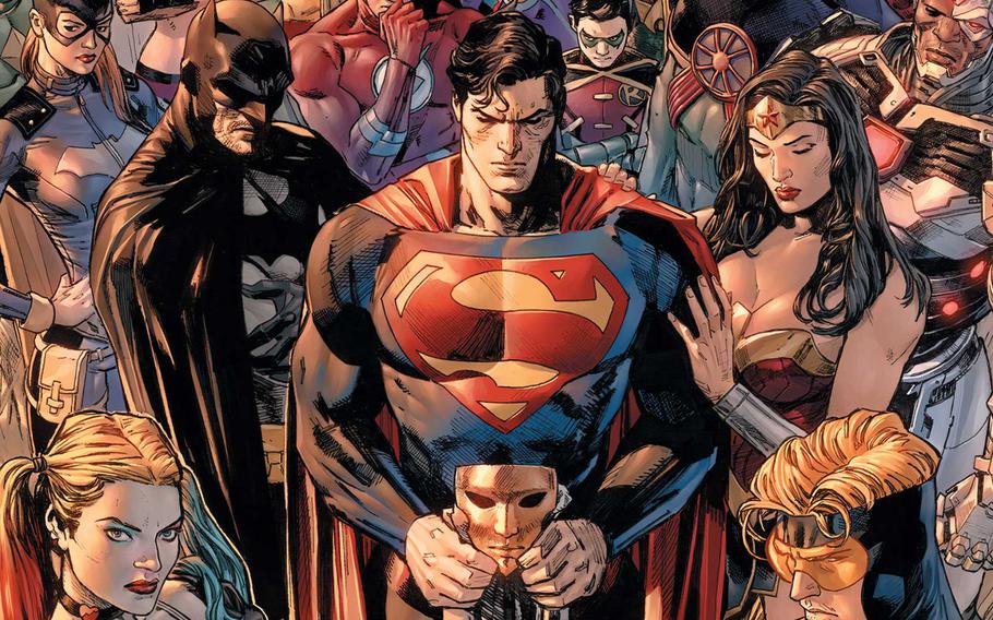 The cover of a comic exploring post-traumatic stress among superheroes such as Superman, Batman and the flash, written by Tom King, a former CIA officer who operated in Iraq and Afghanistan. 
                
