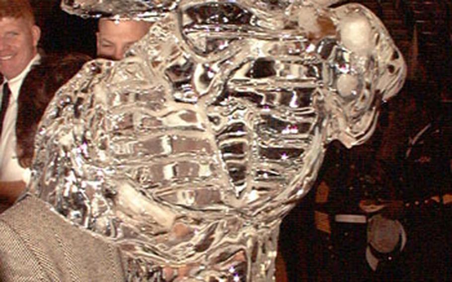 Several ice scupltures, including this one of the Marine&#39; Corps&#39; eagle, globe and anchor, were used to decorate the reception following the Passage of Command ceremony.