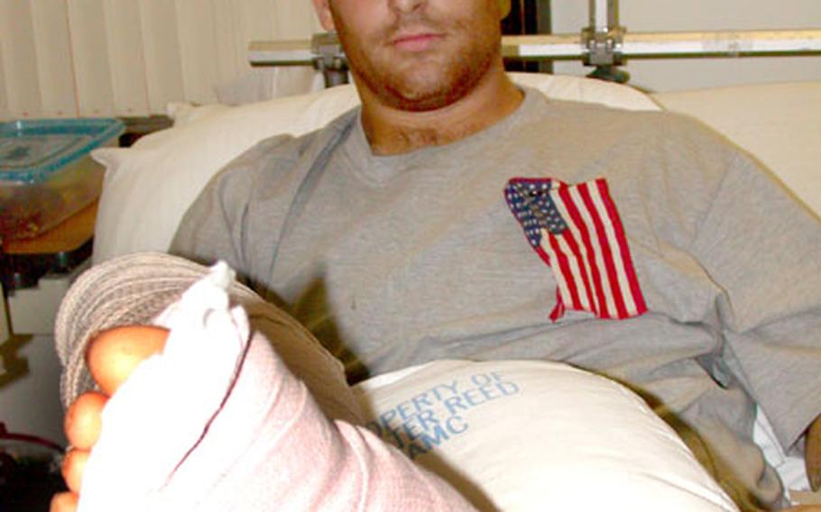 Army Sgt. Eric Torres, 23, was shot in the right leg when his convoy was ambushed March 23 near As-Samawa, Iraq.
