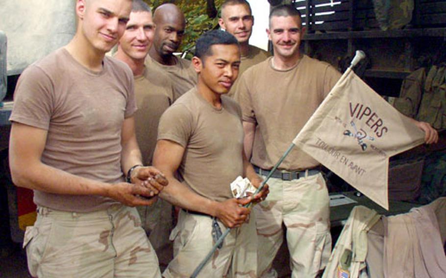 Members of the 2nd Squadron, 6th Cavalry Regiment’s security platoon, called the “Viper Team,” recovered 46 duffel bags and a heater stolen from the 101st Airborne Division. From left: Spc. Daniel Saul, 25, of Albuquerque, N.M.; Staff Sgt. Bradford Lynch, 34, of Naples, Fla.; Spc. David Boswell, 31, of Sacramento, Calif.; Spc. Cliff Hadwick, 24, of Fort Washington, Md.; Pfc. Anthony Smith, 20, of Wasilla, Alaska; and Sgt. Geoffrey Hancock, 28, of Richmond, Va. Not pictured are Spc. Jeremy Eades and Staff Sgt. Jim Laderer.