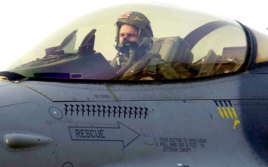 Lt. Col. Scott "Zot" Dennis, 14th Fighter Sqn. commander, prepares to shut down his F-16CJ engine after returning to Misawa on Thursday.