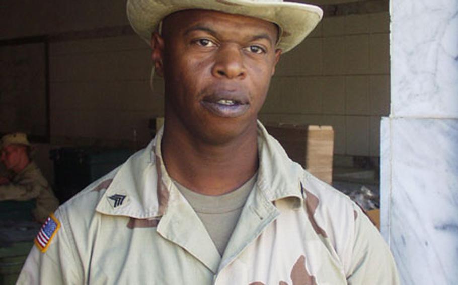 Army Sgt. Reuben Strother runs the just-opened dining facility for V Corp troops at Victory Camp.