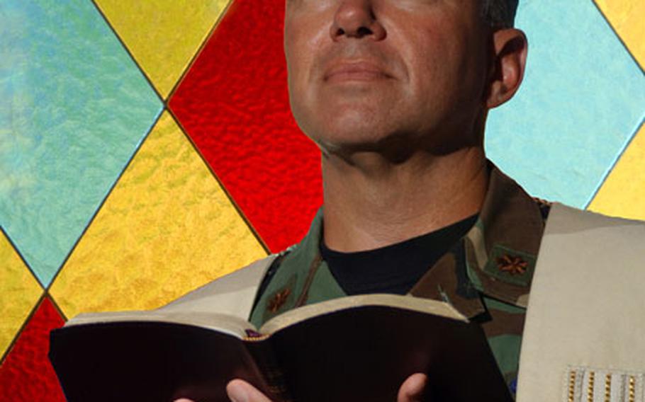 Chaplain (Maj.) Steve Schaick, 39th Air Base Group senior protestant chaplain, conducts a service recently at the chapel at Incirlik Air Base, Turkey. Schaick won a National Bible Association award for his "Blessed are The Simpsons" Bible study.