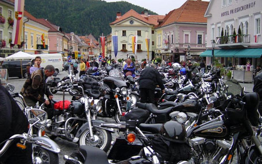 Dozens of bikes are lined up along a street in Faaker See, Austria, for the beginning of last year's European Bike Week. This year's event, which is expected to draw motorcycle riders from around the world, runs from Wednesday through Sunday.