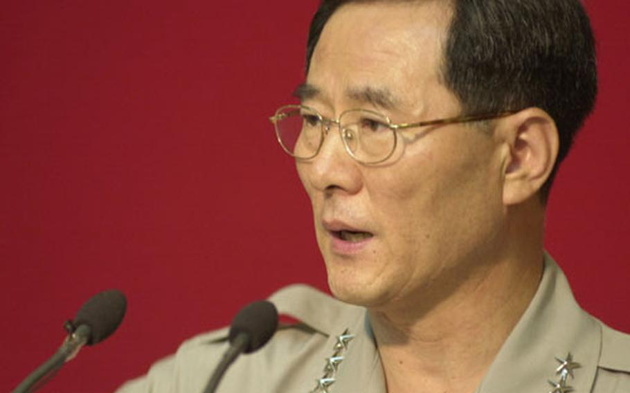 Lt. Gen Cha Young-koo, South Korea's Deputy Defense Minister, speaks at a Thursday press conference about relocating U.S. troops.