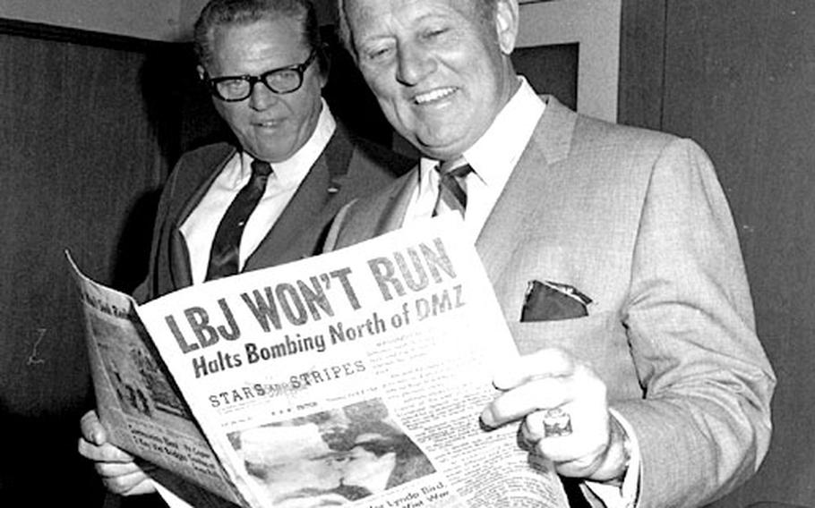 During a visit to Stars and Stripes' Tokyo office on April 2, 1968, TV host Art Linkletter checks out a copy of the paper with a headline about President Lyndon Johnson's decision not to run for re-election.