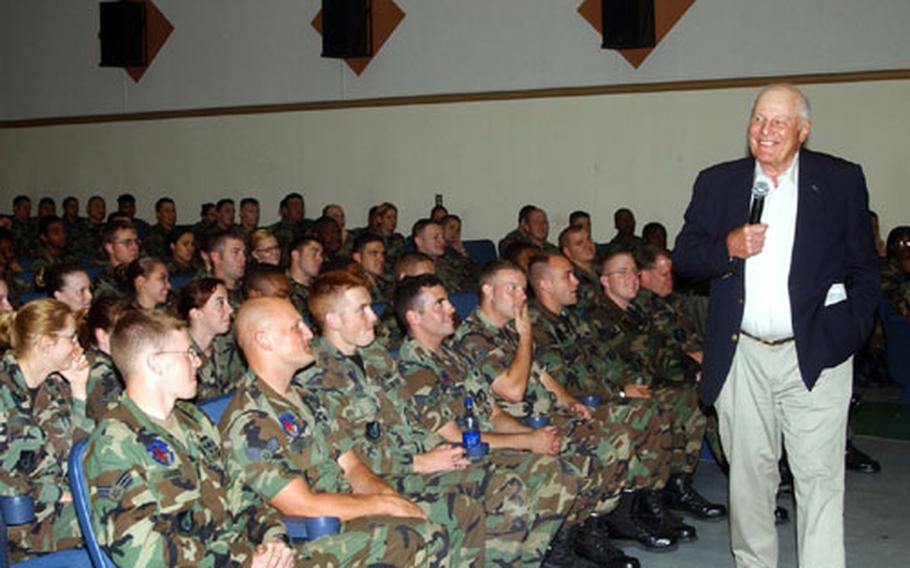 Retired Brig. Gen. Robin Olds speaks to Wolf Pack airmen last week about his experiences as the 8th Tactical Fighter Wing commander during Vietnam. Gen. Olds spoke for about an hour and shared many stories from his career and some thoughts about today's Air Force and Wolf Pack.
