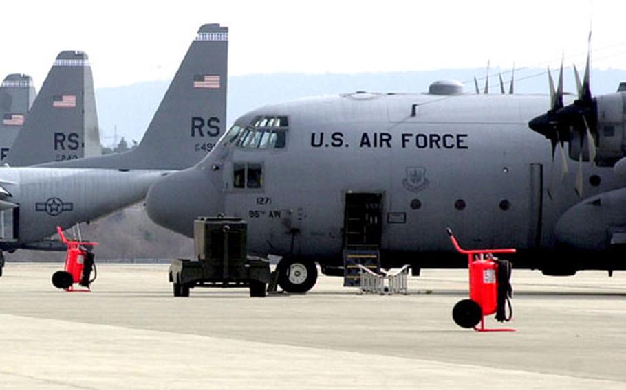 C-130 Hercules airplanes of the Ramstein Air Base, Germany’s 86th Airlift Wing sit on the tarmac at the base in March.