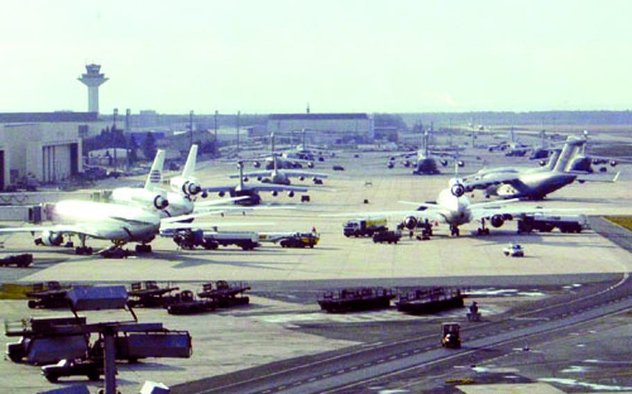 Rhein-Main Air Base sports a "full ramp" in February 2003, as every parking spot on the tarmac is filled.