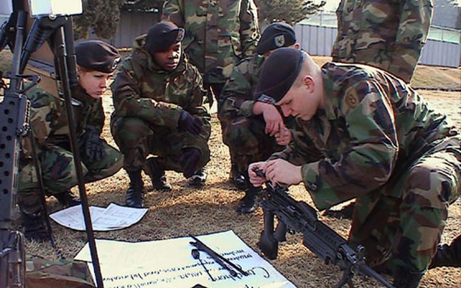 Spc. Manuel Saucedo of the Texas Army National Guard shows soldiers from the 516th Personnel Services Battalion how to disassemble the M249 weapon during training in South Korea. Members of the Guard volunteered to come to Korea to help with the holiday mail rush.