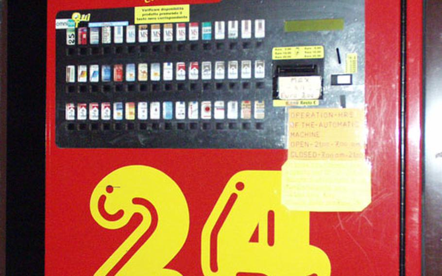 In an attempt to cut down on smoking by teens, a recent Italian law prohibits the operation of automatic cigarette vending machines such as this one near Area 1 at Aviano Air Base from 7 a.m. to 9 p.m. The theory is that those under 18 - prohibited by law from smoking in Italy - won't find it as easy to buy cigarettes early in the morning or late at night.